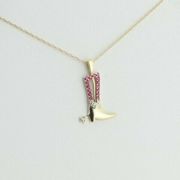 10k Yellow Gold Lab Created Ruby and Diamond Cowboy Boot Necklace 18 inch chain - Picture 7 of 8